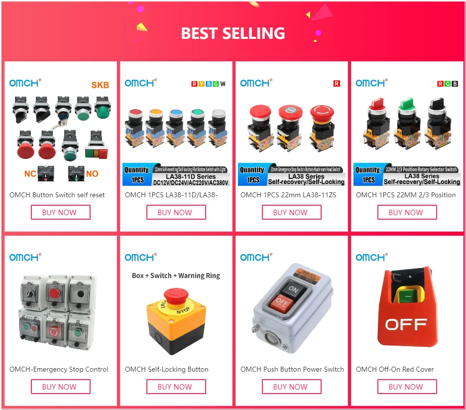 OMCH Button Switch Self Reset SKB2 Small Mushroom Head Emergency Stop 22mm Knob Key Start Inching Power On