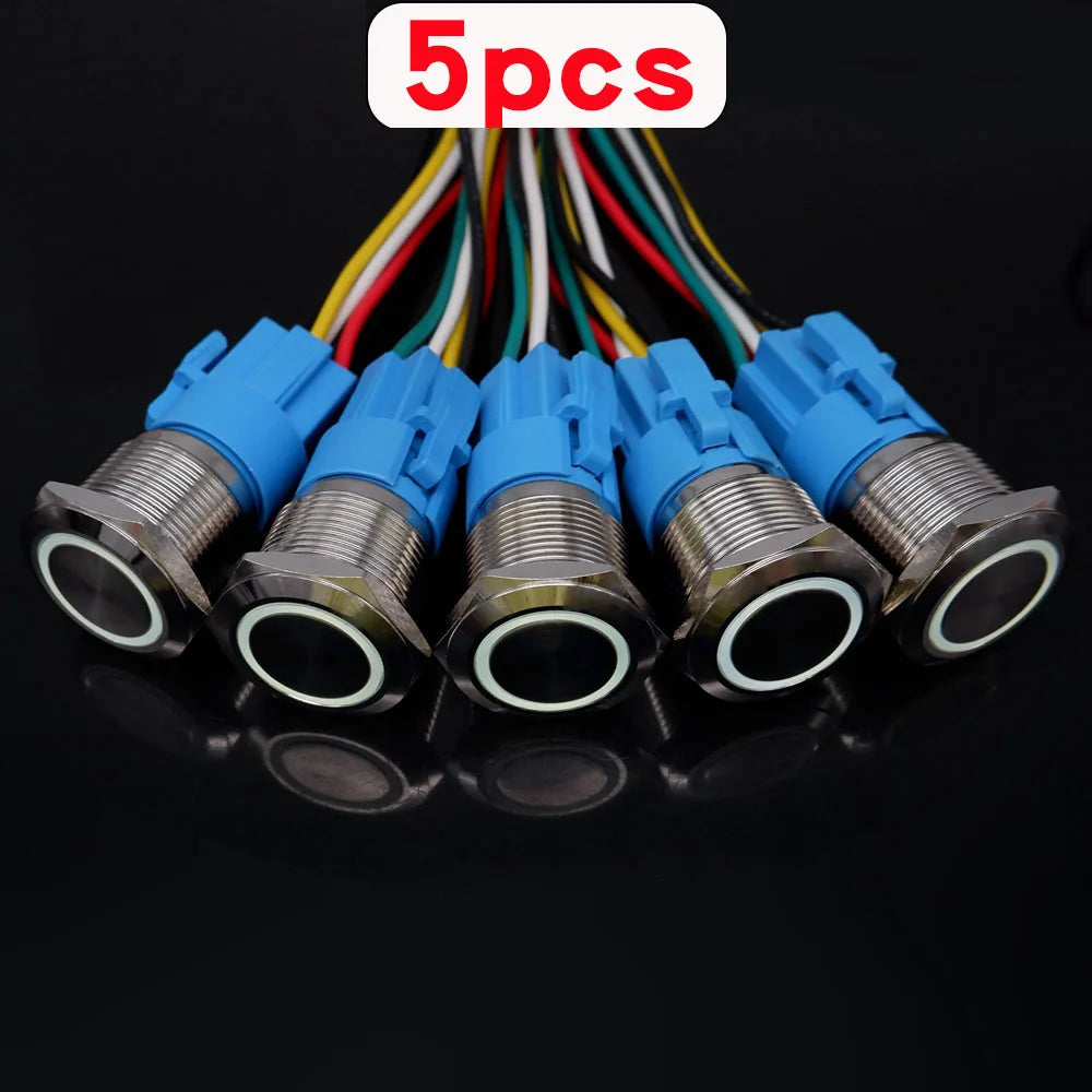 5pcs Metal Push Button Switch Ring Lamp 16mm 19mm 22mm Waterproof LED Light On Off Momentary Latching 5v 12v 24v 220v Red Blue