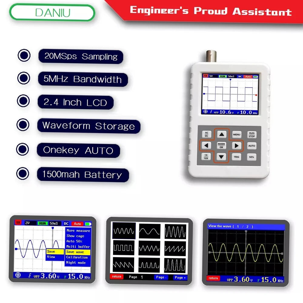 DSO PRO Handheld Digital Oscilloscope Portable Palm Size Oscillograph 5M Bandwidth 20MS/s Sampling Rate with P6100 BNC Probe