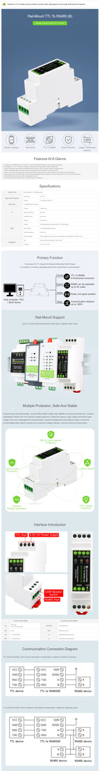 Waveshare Rail-mount TTL To RS485 Galvanic Isolated Converter, 600W Lightningproof & Anti-Surge, Multi-Isolation Protection