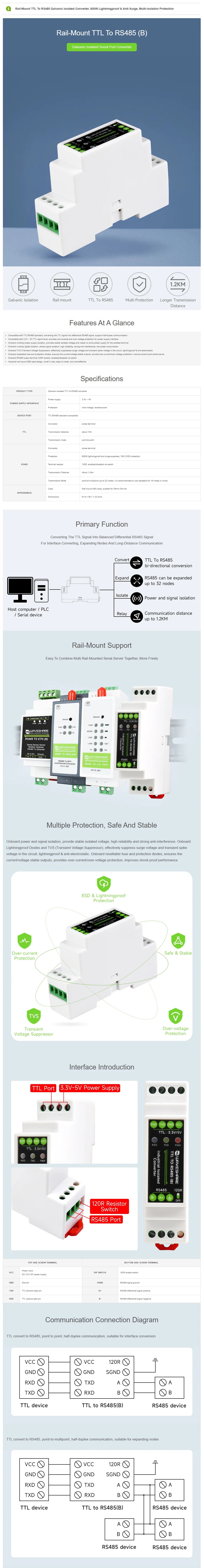 Waveshare Rail-mount TTL To RS485 Galvanic Isolated Converter, 600W Lightningproof & Anti-Surge, Multi-Isolation Protection