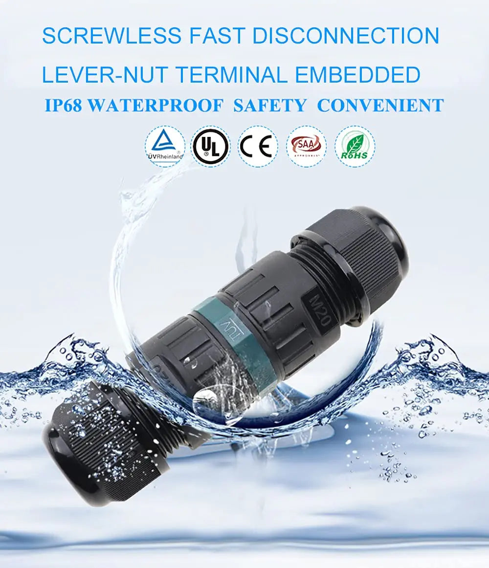 2pcs IP68 Screwless Lever-Nut Waterproof Junction Quick Wire Cable Connector 2Way 3Core M20 Plug Wire 5-12mm External Cord Boxes