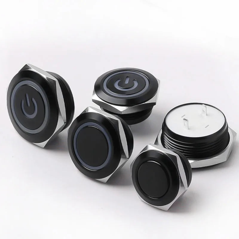 12/16/19/22mm Short Stroke Oxide Blcak Shell Metal Button Switch Waterproof Flat Head With Power LED Light Momentary 1NO 6V 24V