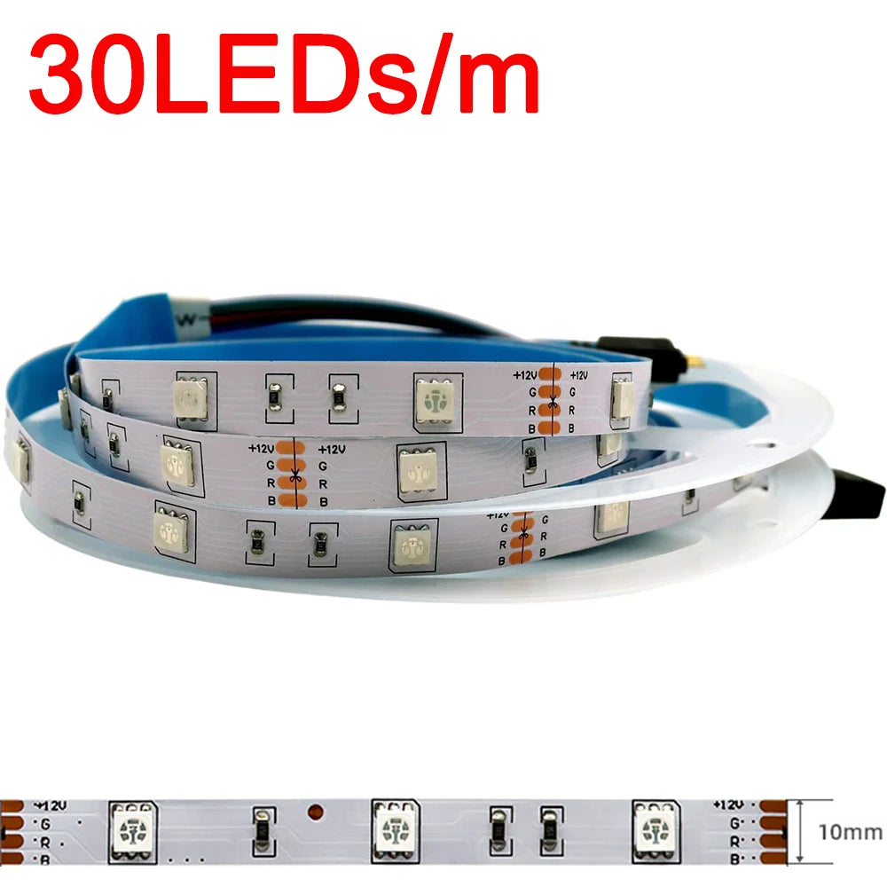 5m 12V 24V DC RGB LED Strip 30LEDs/m 60LEDs/m 96LEDs/m 120LEDs/m SMD 5050 Flexible LED Light Tape 8mm 10mm PCB for Decoration