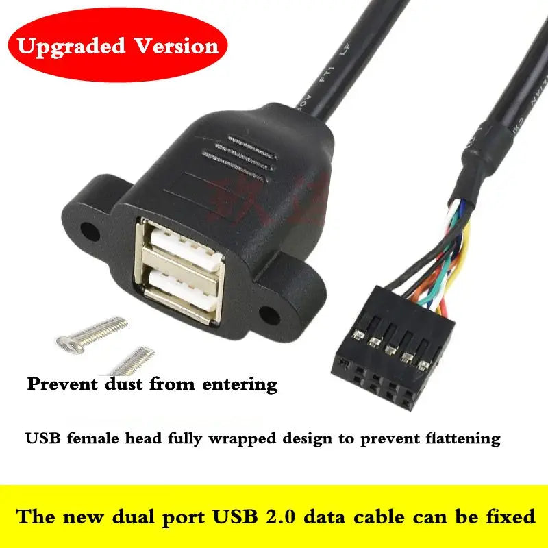 Motherboard 9-Pin to Dual Port USB 2.0 A Female With Ear Screw Hole Panel Data Extension Cable DuPont 2.0/2.54mm 9Pin Terminal