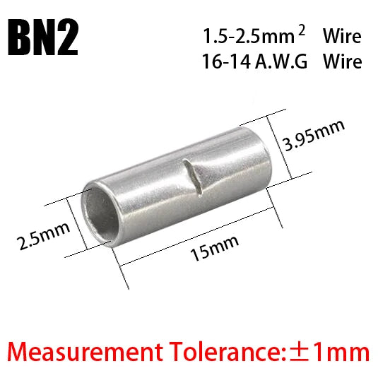 BN Copper Electrical Wire Cable Connection Crimp Sleeve Tubular Ferrule Lug Connector Non-Insulated Tube Butt Splices Terminal