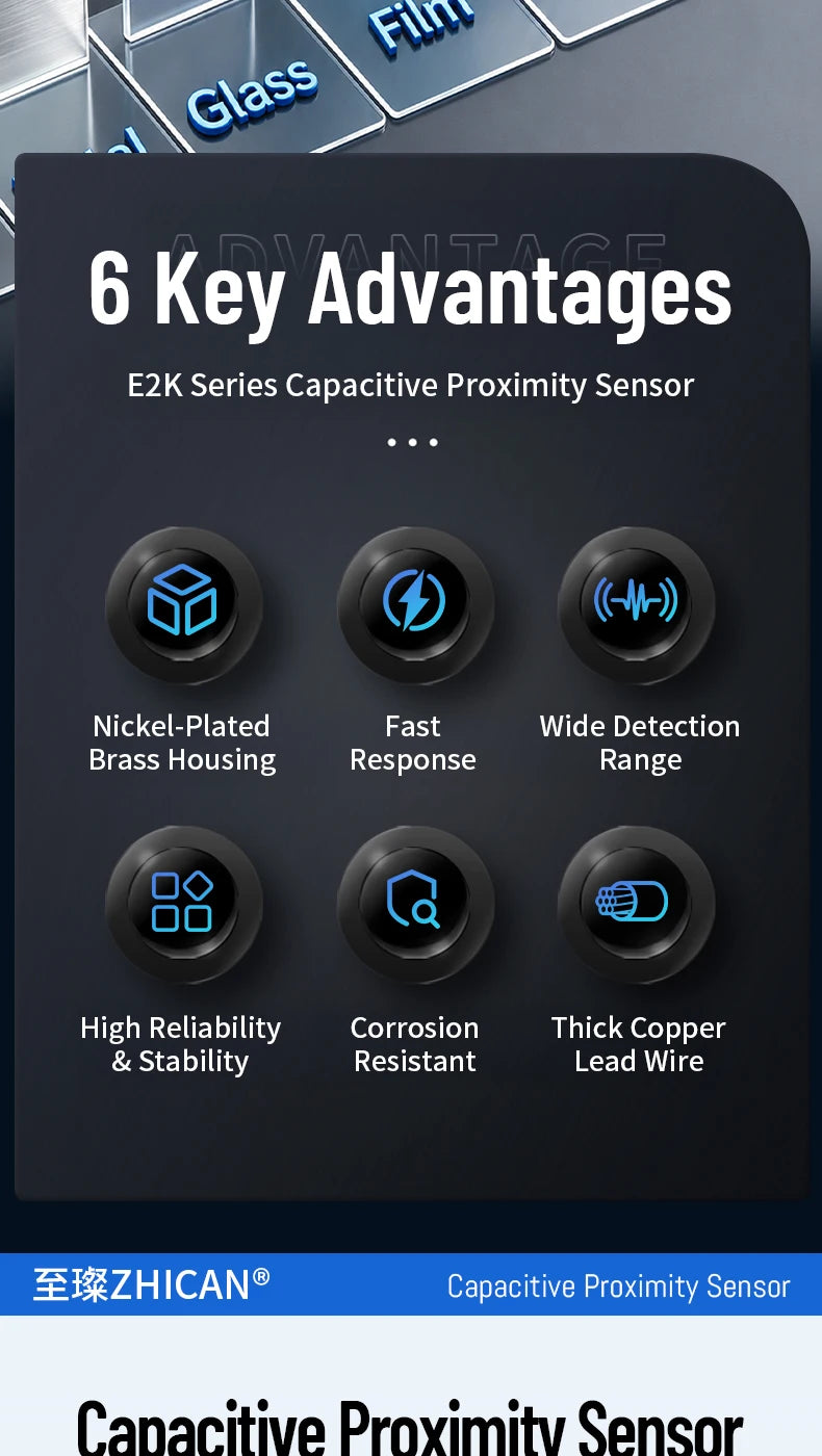 ZHICAN E2K M12 M18 Capacitive Proximity Sensor 30mm Long Range Plastics Glass Wood Metals Nonmetal Material Detection Switch