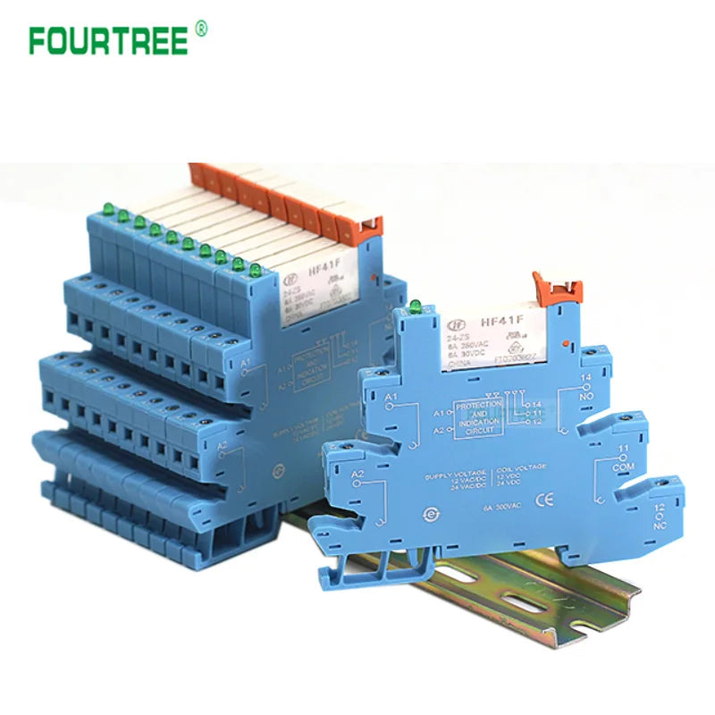 5/10 Sets Slim Relay HF41F 5V 12V 24VDC With Relay Base 41F-1Z-C2-1 LED & Circuit Protection DIN Rail Ulitra-thin Relay Modules