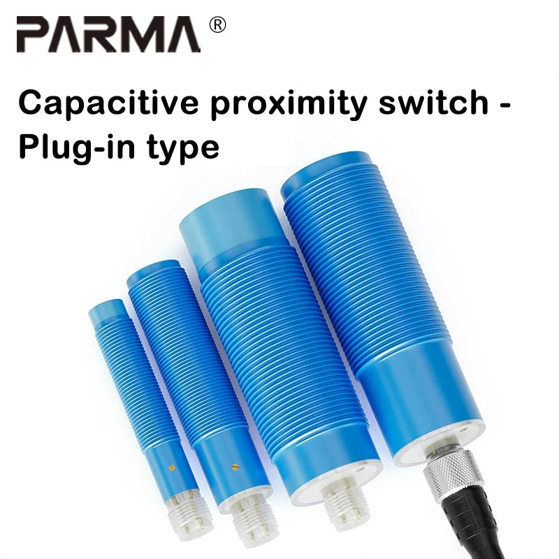 Cylindrical capacitive proximity switch with plug-in connector for detecting material liquid level with non-metallic sensing pla
