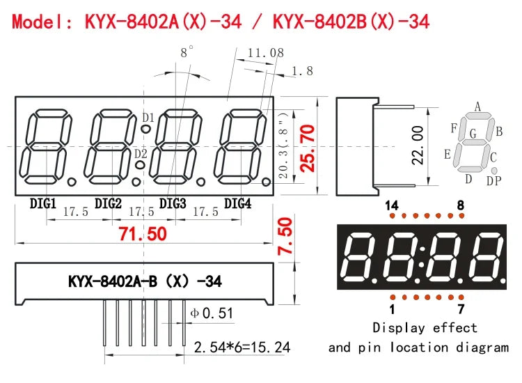 10PCS 0.8 inch 4-digit clock digital tube 71.5mmX26mm digital display "8" height 20.3mm 7-segment digital tube 8402 series 14PIN