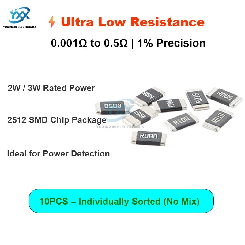 10PCS 2512 Alloy Resistor 0.001Ω~0.5Ω 1% 2W 3W Precision Low Ohm Resistencia for DIY Electronics Power Sensing SMD Chip Type