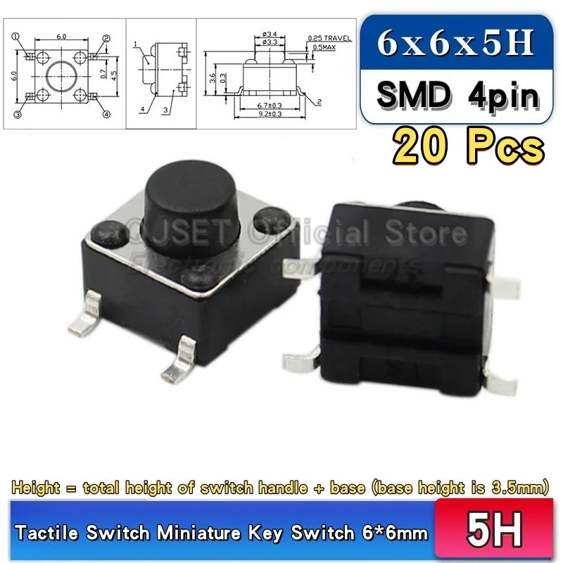 20pcs SMD Tactile Switch 6*6*4.3mm 6x6x5/6/7/8/9/10/11/12/13/14mm 6X6 4-Pin SMT Induction Oven Touch Tactile Button Micro Switch
