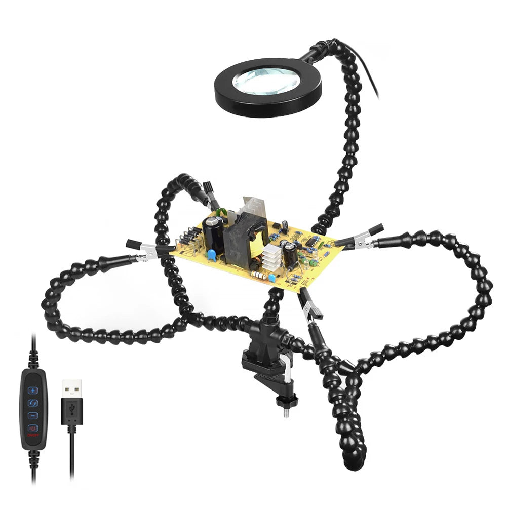 5Arm Welding Repair Tool Soldering Station with 3X Magnifier LED Light Bench Vise Table Clamp Clip PCB Holder Third Helping Hand