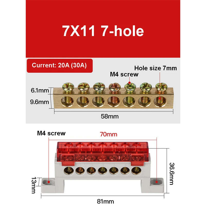 A10 Series 7*11 9*14 3/4/5/6/7/8/10/12 Hole Zero Ground Row Copper Bar Connection Terminal Wiring Terminal of Distribution Box