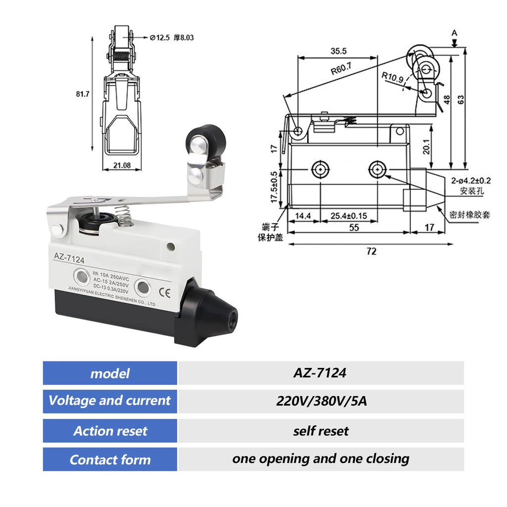 10A 250V AZ Waterproof Microswitch Travel Micro Limit Switch Small Horizontal Roller Lever AZ-7312 AZ-7311 AZ-7121 AZ-7310