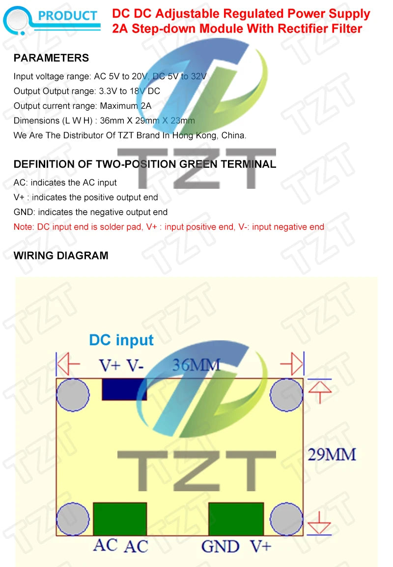 TZT AC-DC Buck Step-down Converter Adjustable Power Supply Module 2A AC 5-20V DC 5-32V Output 3.3-18V Regulated Rectifier Filter