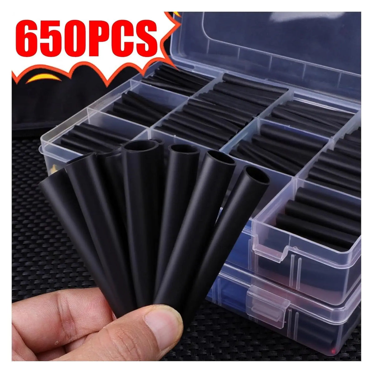 650PCS Heat Shrink Tubing Kits Black Electrical Wire Wrap Cable Sleeves Assortments for Insulation Protection