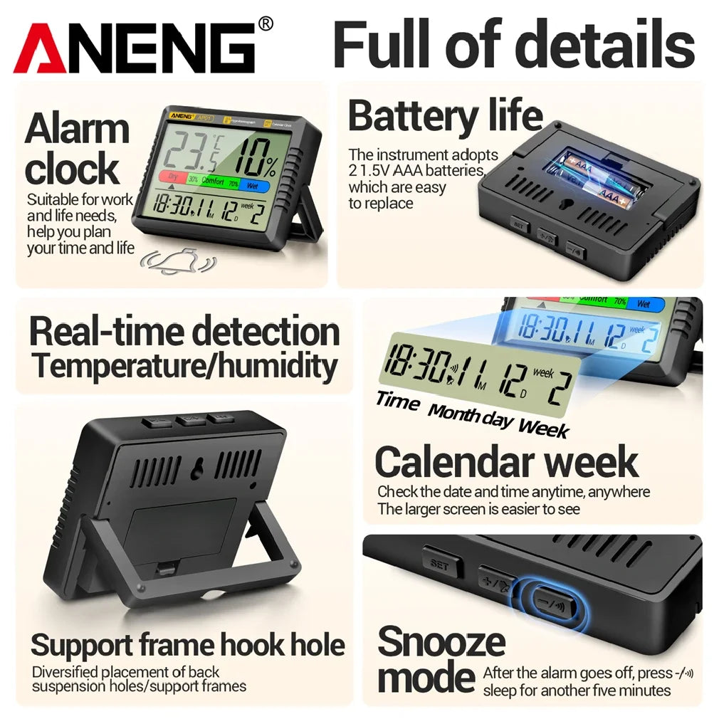 Digital Thermohygrometer Clock ANENG AP01 Snooze Alarm Mode Air Thermometer Humidity Multi-scenario High Precision Tester Tools