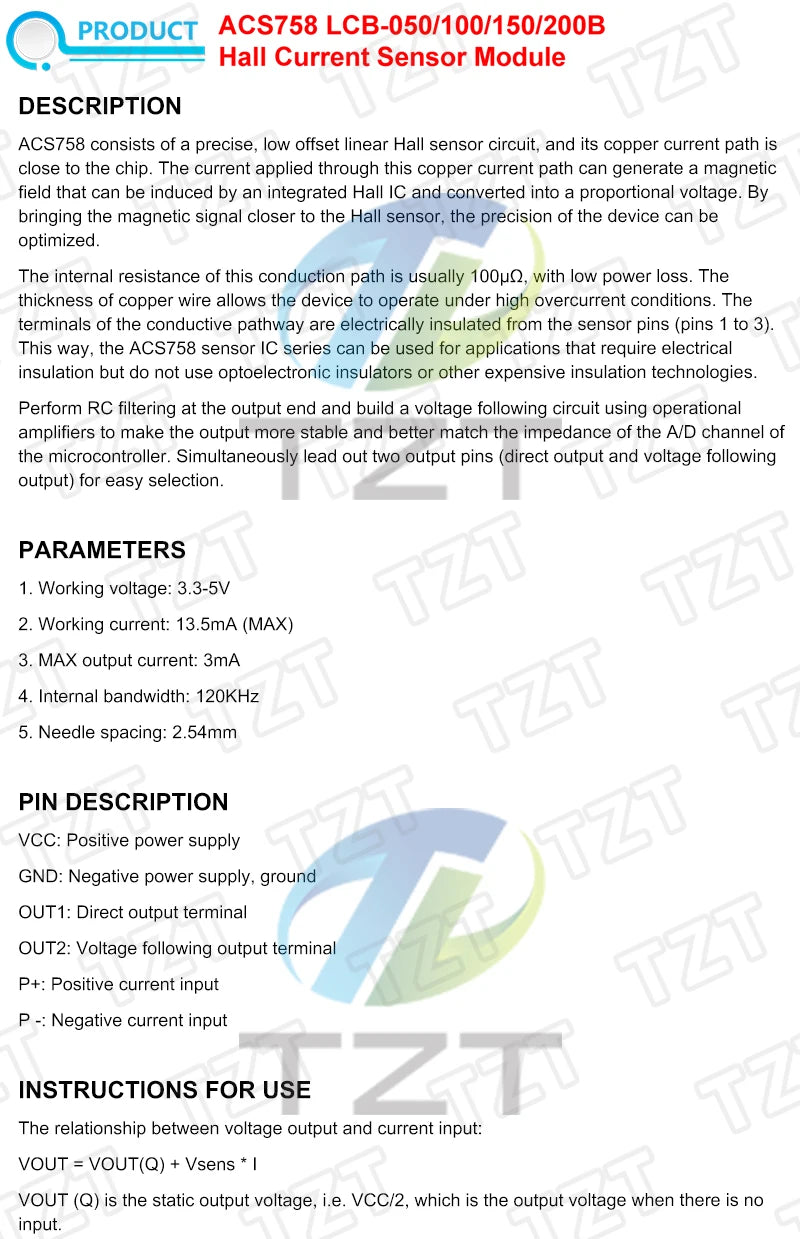 50/100/150/200A Hall Current Sensor Module Linear Analog AC DC 3.3V-5V ACS758LCB-050B 100B 150B 200B -PFF-T RC Model Connector