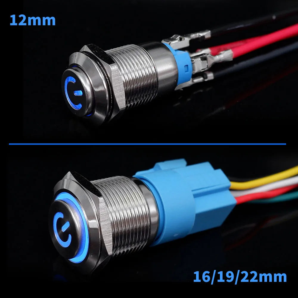 12 16 19 22 mm Metal Push Button Switch with Wire On Off PC Power High Head 12v for Car Momentary Latching Fixed Blue 5V 220V