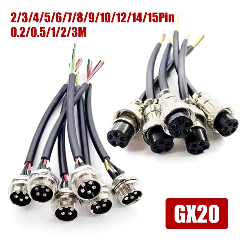 2Pin GX20 Male and Female Aviation Plug Socket 3 4 5 6 7 8 9 10 12 14 15Pin with Wire Connector Cable 250V Connection Line 7-20A