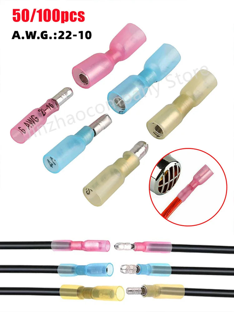50/100PCS Waterproof Heat Shrink Bullet Terminals Female Male Electrical Wire Connectors Splice Crimp Terminal 10-22AWG
