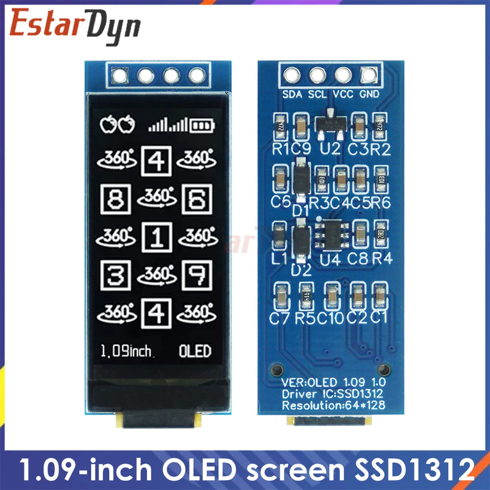 1.09 Inch OLED Display Module 128x64 White SSD1312 I2C, 4 Pin Interface for Raspberry Pi, Low Power Wide View