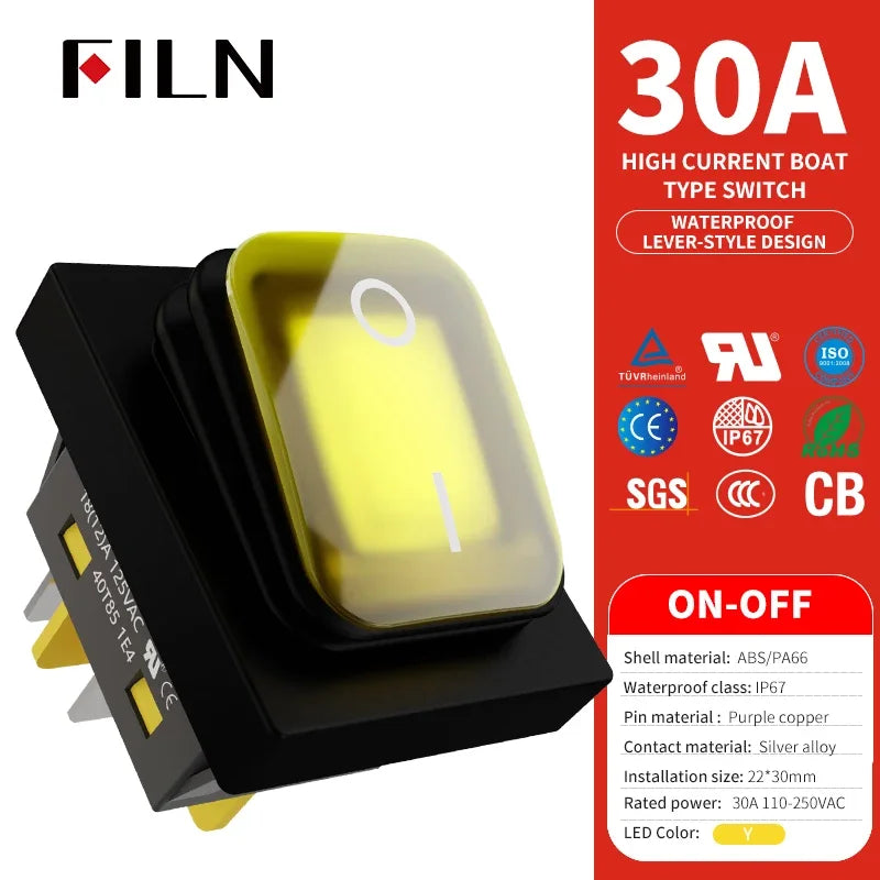 30A/250V Heavy Duty 4 Pin DPST IP67 Sealed Waterproof T85 Auto Boat Marine Toggle Rocker Switch with LED 12V 220V 30x22