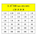 30values Each 5/10PCS 1~750 1K~820K Ohm 150PCS 300PCS 1/2W 1W 2W 3W Resistance 1% Metal Film Resistor Assortment Kit Set