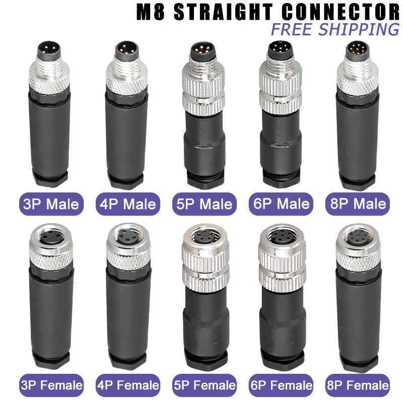 M8 Sensor Connector Screw Connection Metal A Code 3pin 4pin Non-welding 5pin 6pin 8pin Weld IP68 Straight Waterproof Connectors