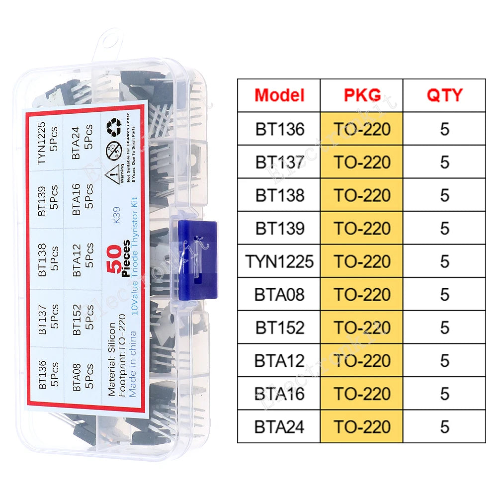 SOP-23 SOP-223 TO-252 TO-92 TO-92L TO-126 TO-220 Mosfet Triode Thyristor Voltage Regulator PNP/NPN Transistor Assortment Kit