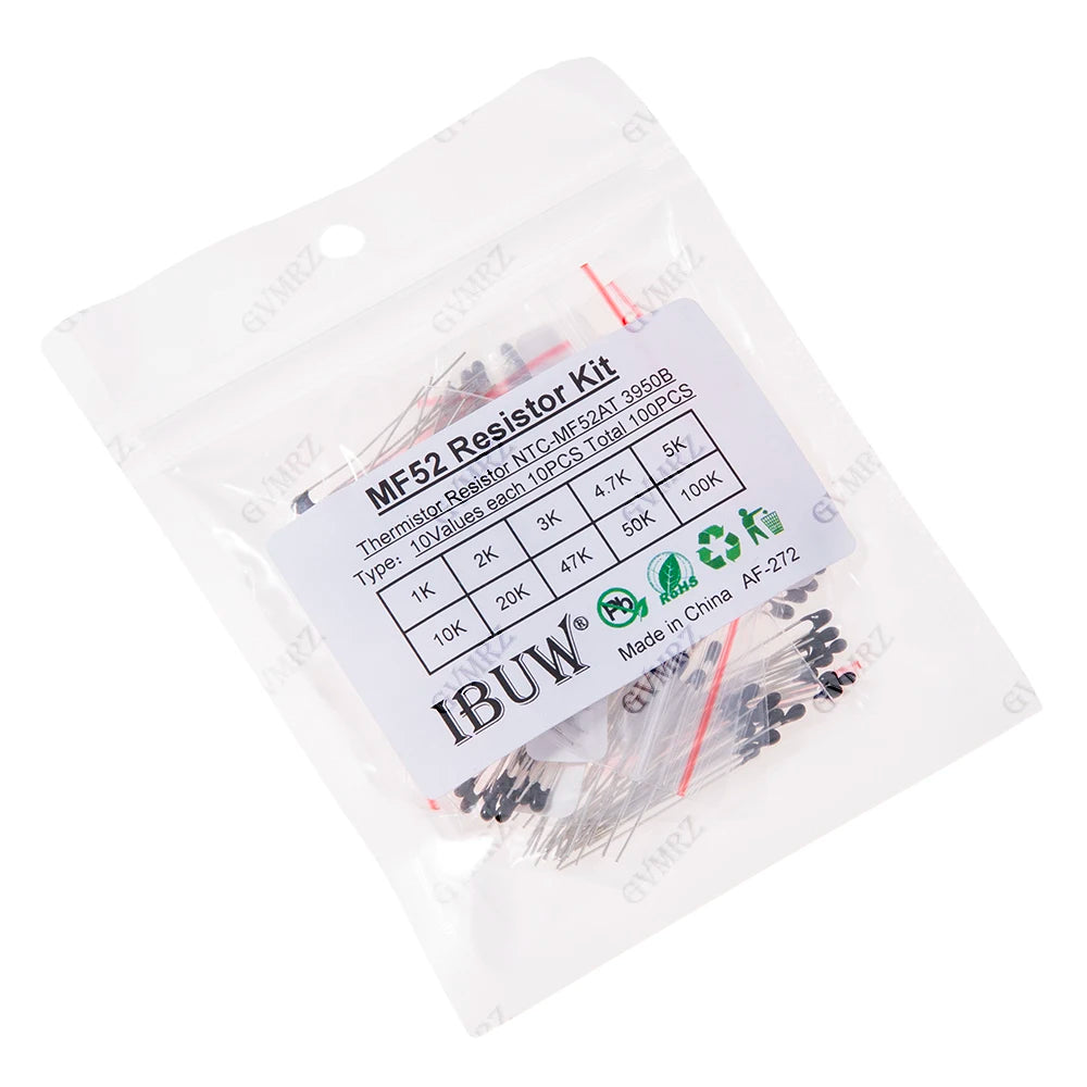 100PCS 10Values MF52 NTC Thermistor Kit 1K-100K 3950B for Temperature Sensing & Circuit Overheat Protection 1K 10K 100K