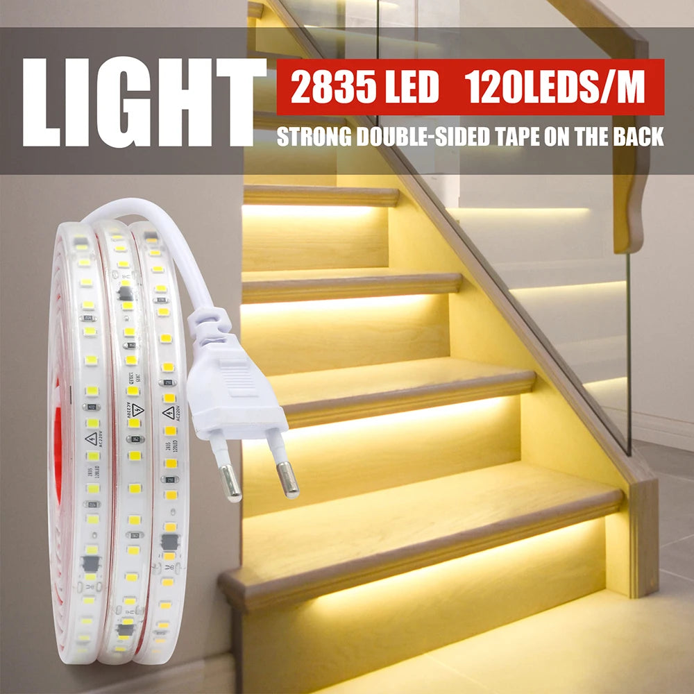 Dimmable LED Strip Light 220V Switch EU Power Dimmer Kit Waterproof 2835 120LEDs/M High Bright Flex Tape Home Decor 0.5M 10M 20M
