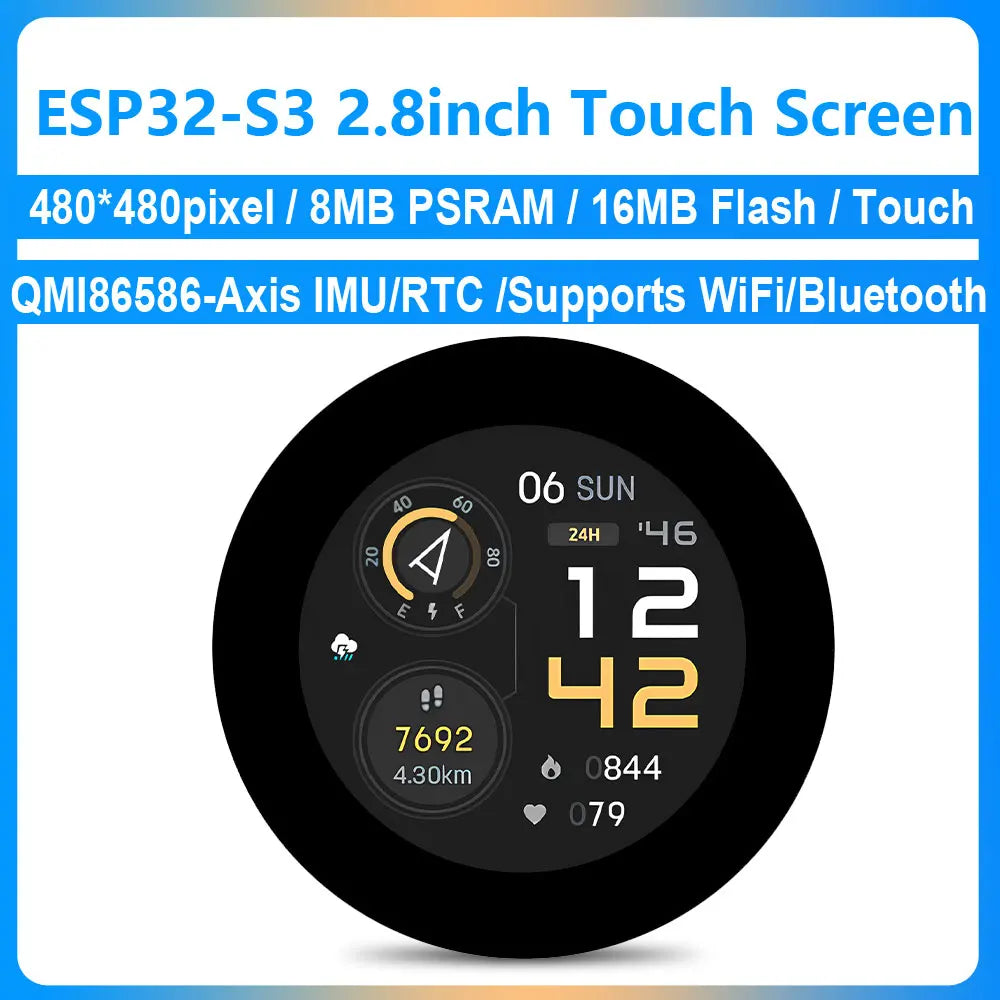 Waveshare 2.8 Inch Round Display ESP32 S3 Development Board 480×480 WiFi BT5 8MB PSRAM 16MB Flash 6-Axis IMU RTC Touch Optional