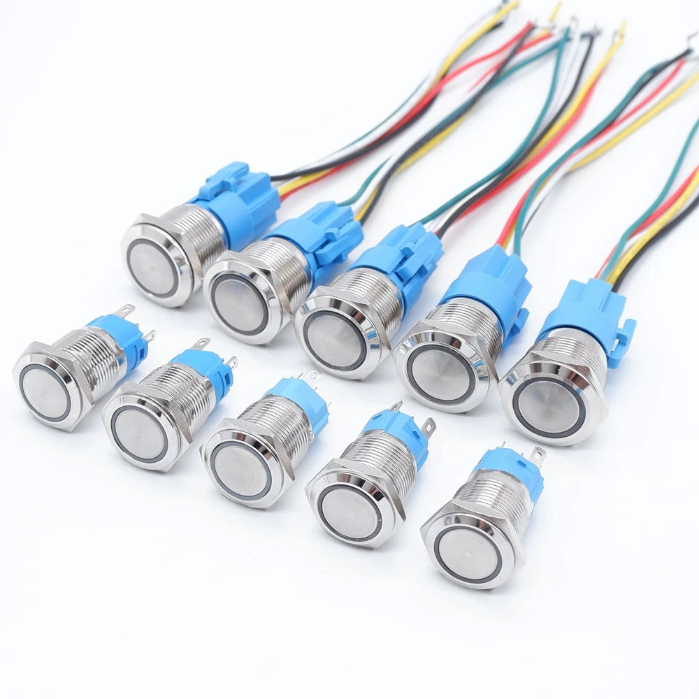 10PCS 16mm 19mm Metal Power Switch Button Flat Round LED Lamp Light Waterproof Latching /Self-reset Button Car Start Switch 12V