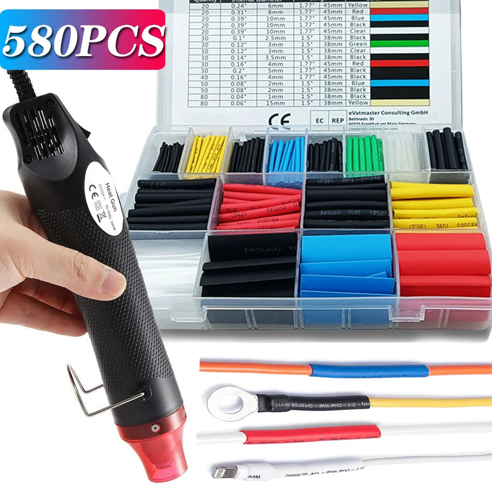 328/127/580PCS Heat Shrink Tubing Kit 2:1 Shrinkable Wire Shrinking Wrap Tubing Wire Connect Cover Protection with Hot Air Gun