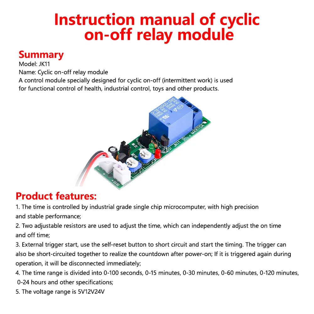 JK11 0-24H Cycle dual-Adjustable Timer Delay On/Off Switch Relay DC 5V 12V 24V Timer Delay Relay Module Electronic Component