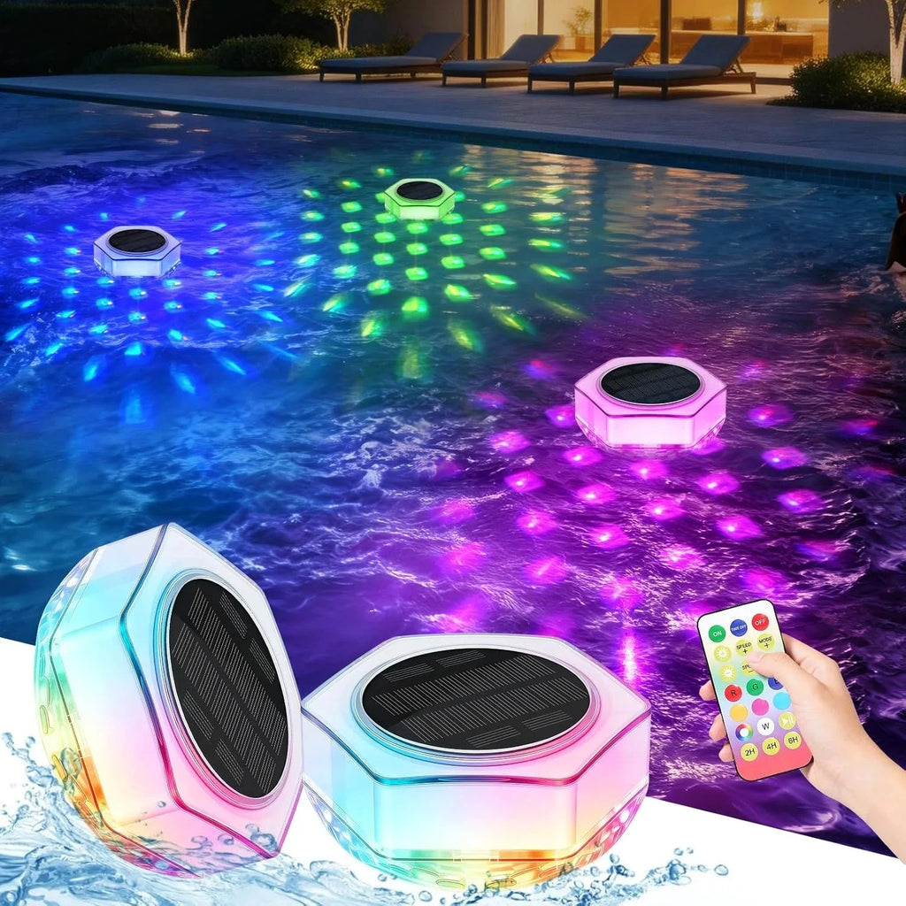 Solar Pool Lights 1/2 Pack, RGB Changing Floating Pool Lights with 10m Remote Control, 4 Dimming, 13 Lighting, Timing Mode, IP68 Waterproof for Inground/Above Ground Pool, Party Decoration