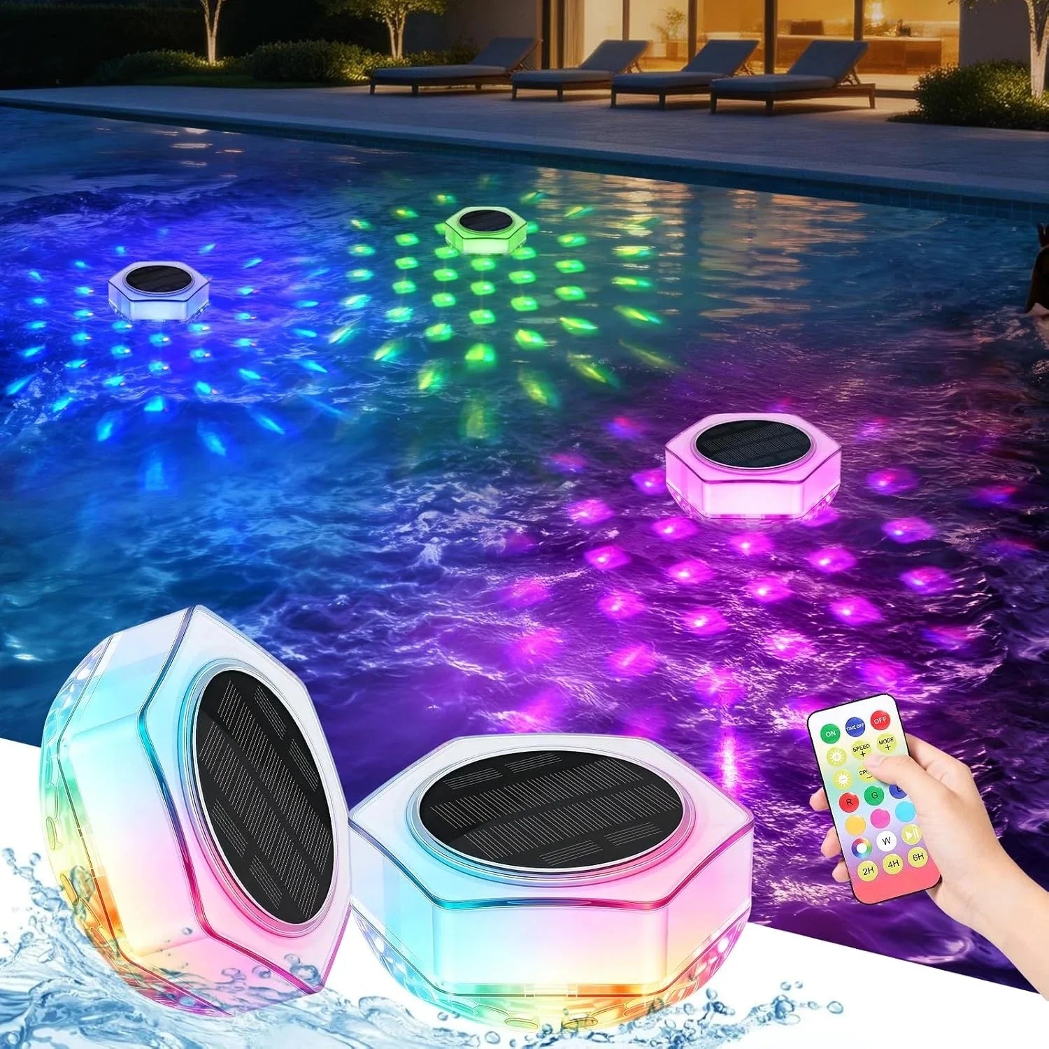 Solar Pool Lights 1/2 Pack, RGB Changing Floating Pool Lights with 10m Remote Control, 4 Dimming, 13 Lighting, Timing Mode, IP68 Waterproof for Inground/Above Ground Pool, Party Decoration