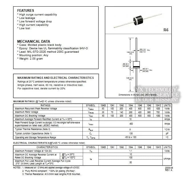 50pcs/bag 6A10 6A 1001V 10A10 10A 1000V 20A10 20A 1000V rectifier diode