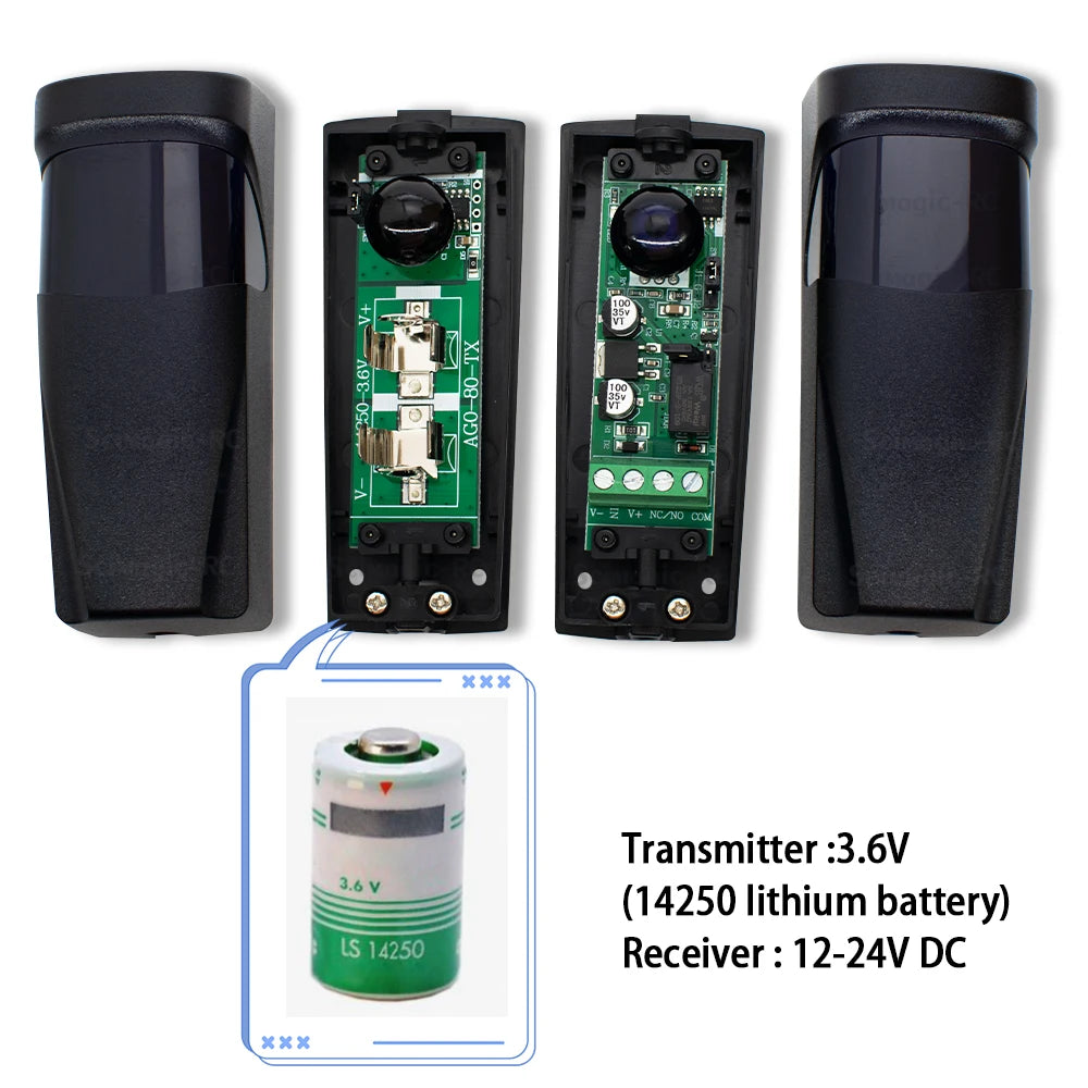 Photocell Automatic Gate Door Safety Sensor Alarm Infrared Beam Sensor Photocell 15m Detect Range 12~24V 3.6V Battery Powered