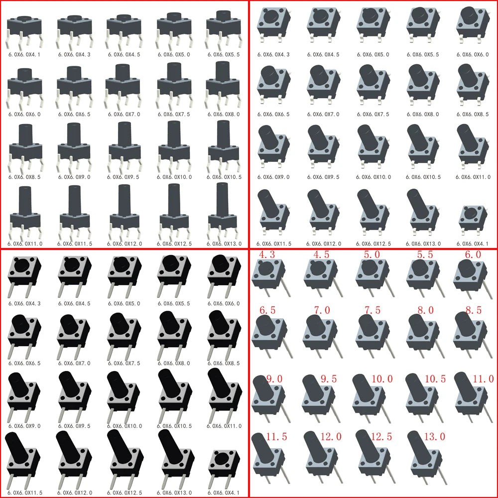 1000PCS 6X6X4.1/4.3/4.5/5/5.5/6/6.5/7/7.5/8/8.5/9/9.5/10/10.5/11/11.5/12/12.5/13mm DIP SMT 4Pin 2Pin Tactile Push Button Switch