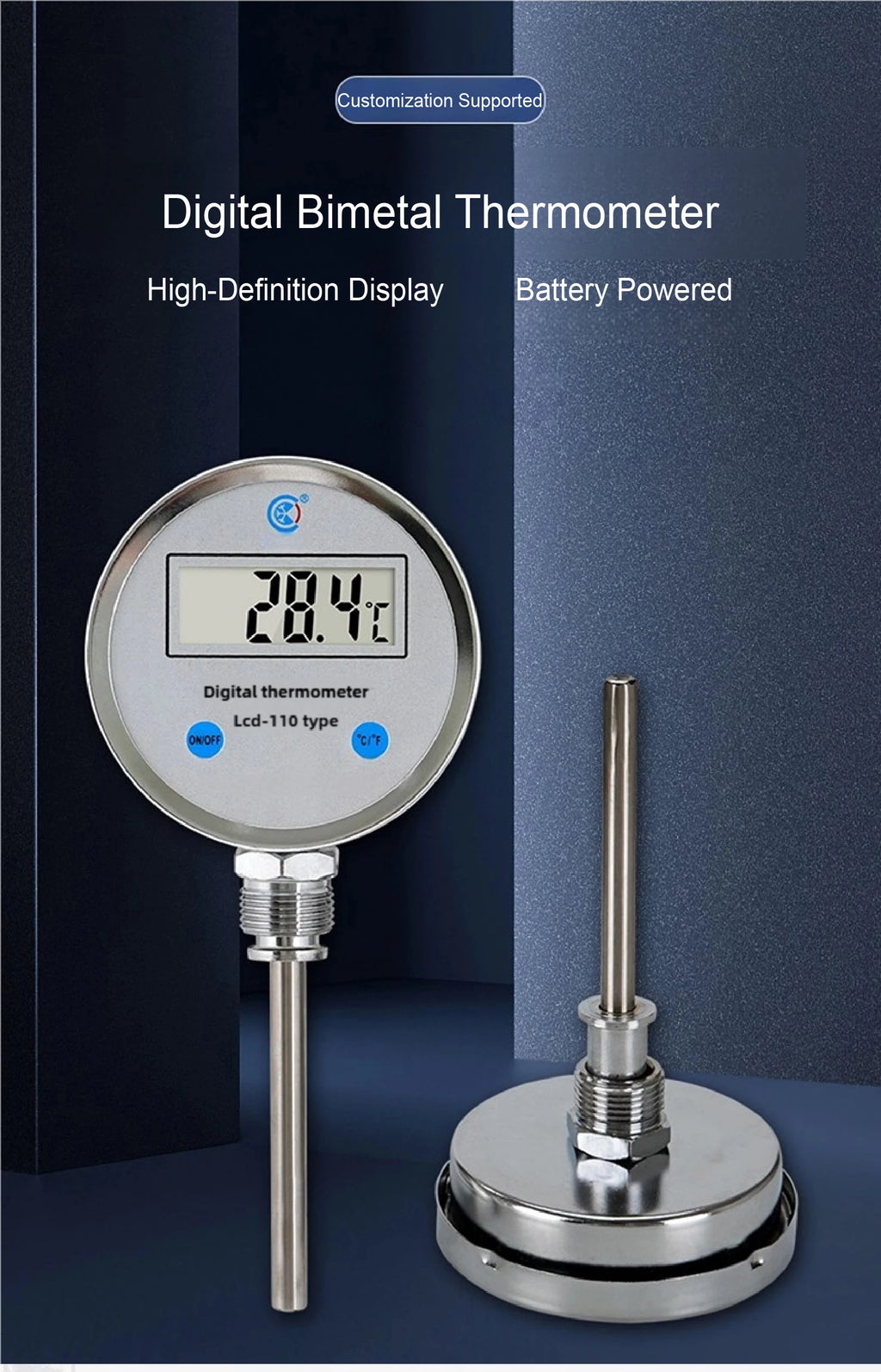 Digital Bimetal Thermometer LCD‑110 Stainless Steel Probe High Precision Water Temp Gauge Axial/Radial Mount IP65