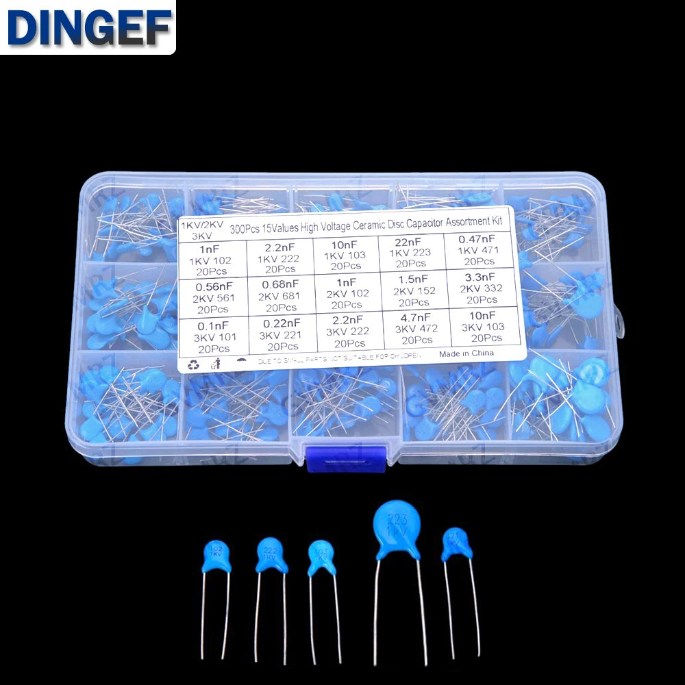 300PCS 15 Values 1KV 2KV 3KV 0.1nF-22nF High Voltage Ceramic Disc Capacitors  0.47NF 0.56NF 2.2NF 1NF 2.2NF 10NF 22NF