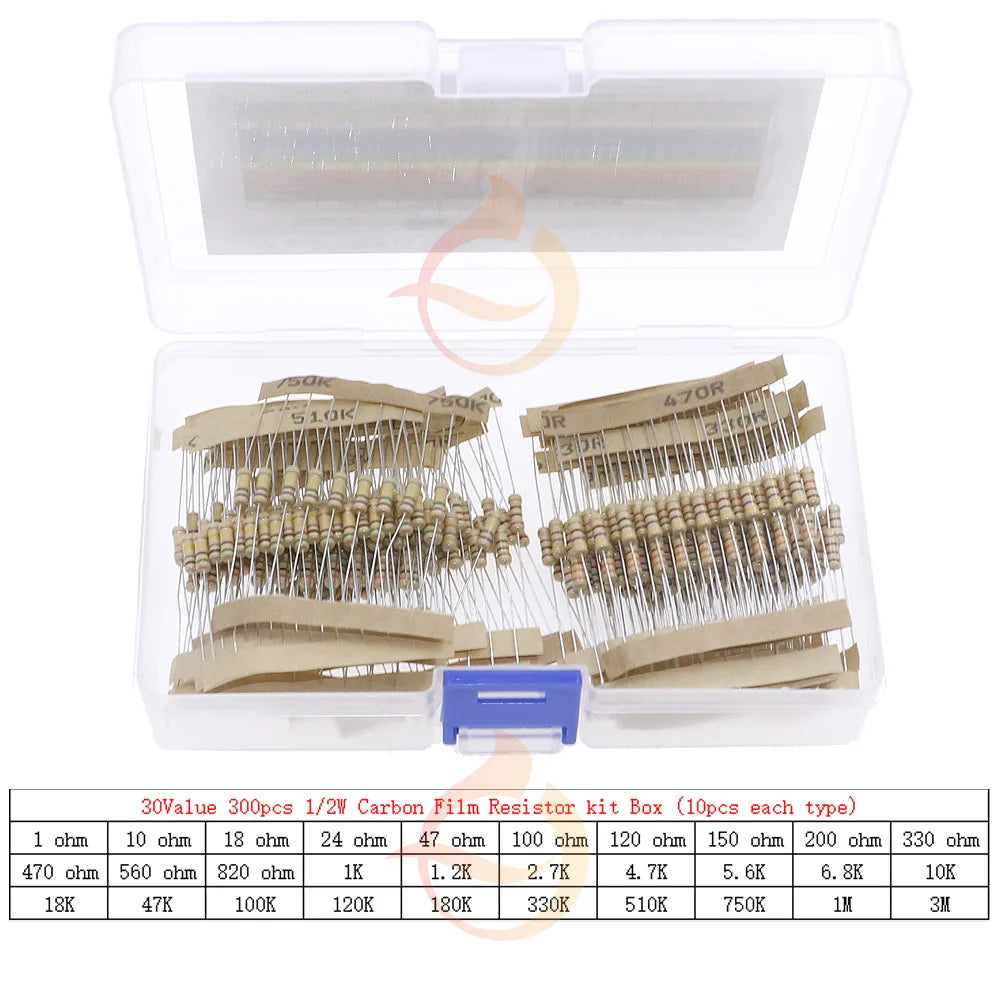 1/8W 1/4W 1/2W 1W 2W 3W 5W  5% 0 Ohm-10m ohm Carbon Film Resistor Assorted Kit With box 1K 2K 5.1K 10K 47K 100K 220K 470K 3M 10M