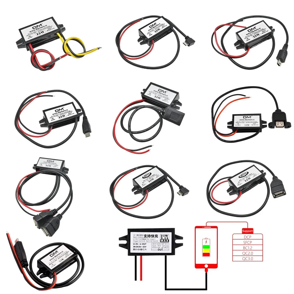 DC-DC Step Down Buck Converter Power Supply Module for Car 12V to 5V 3A 15W for Car Male Female USB Mini USB Micro USB Adapter