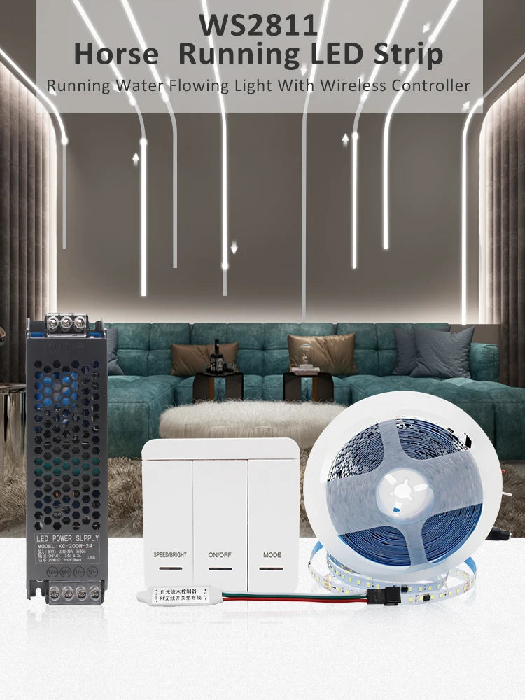 WS2811 2835SMD 24V DC Running Water LED Strip Flowing Light Wireless Controller Flexible Lamp Ribbon 120Leds/M IP30 10M 15M Kit
