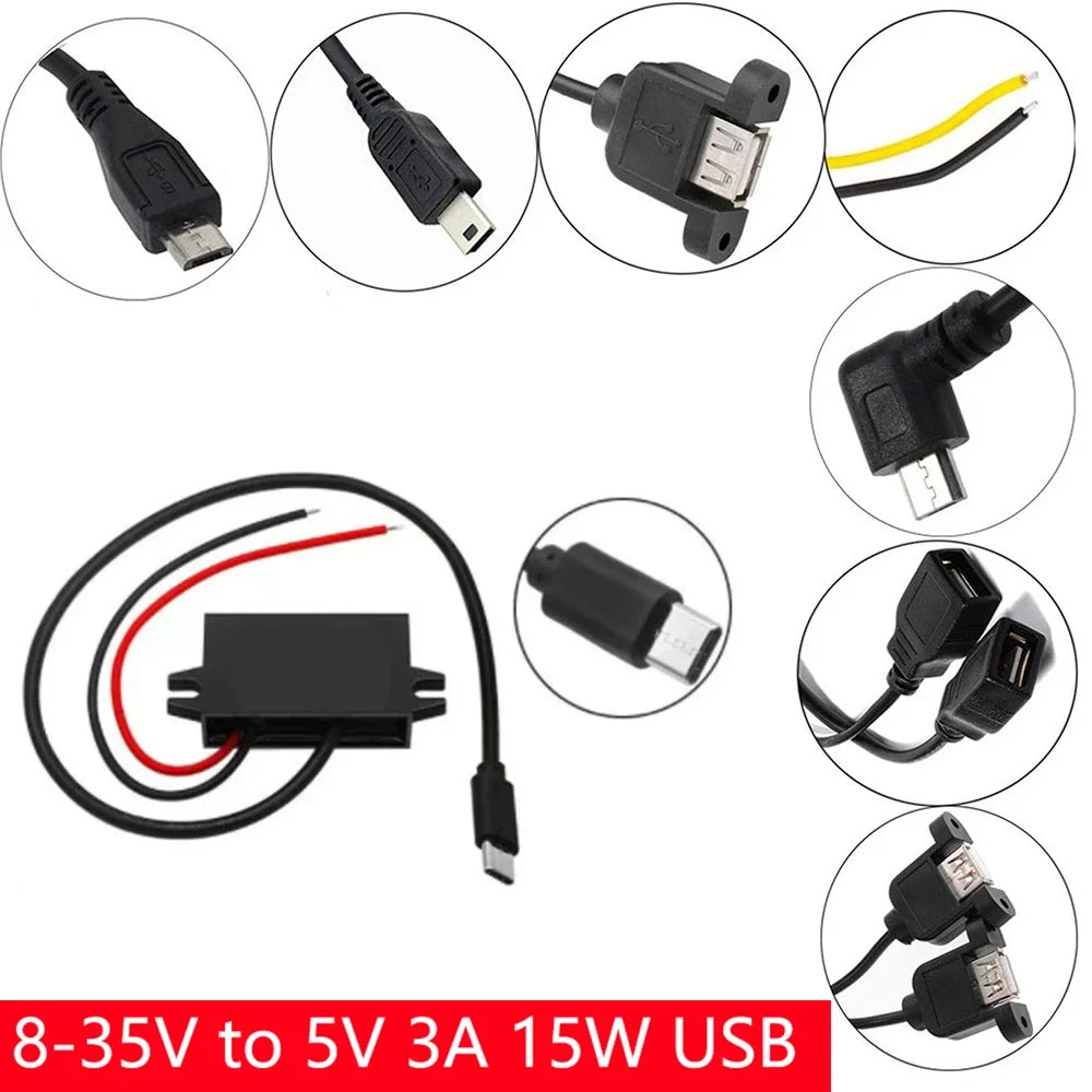 12V 24V to 5V 3A Charging Converter DC to 5V Step Down Converter with Female/MICRO/TYPE C/MINI USB for Car Motorcycle