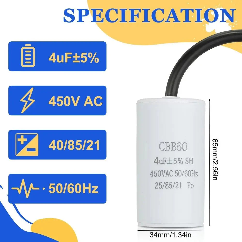 Durable 450V CBB60 Capacitor 50/60Hz 3UF-100UF Start Capacitor Round Motor Run Capacitor