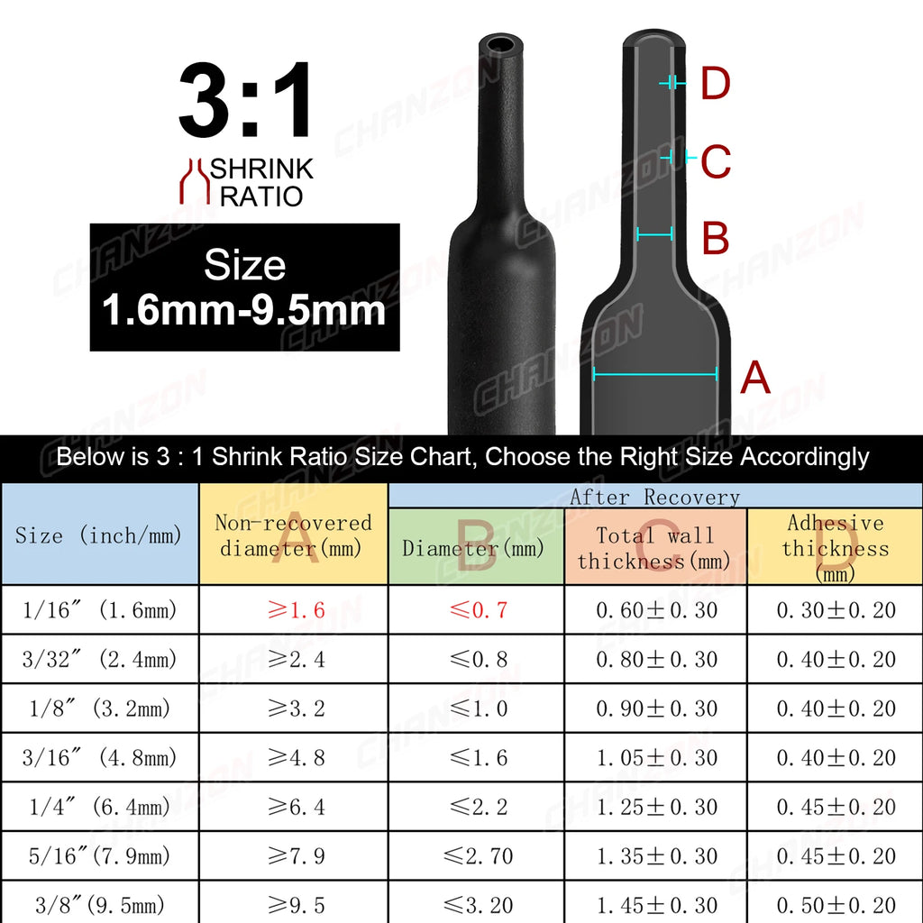2.5M 7 Colors 1.6 - 9.5mm 3:1 Heat Shrink Tube with Glue Double Dual Wall Adhesive Lined Wire Marine Grade Shrinkable Wrap Tape